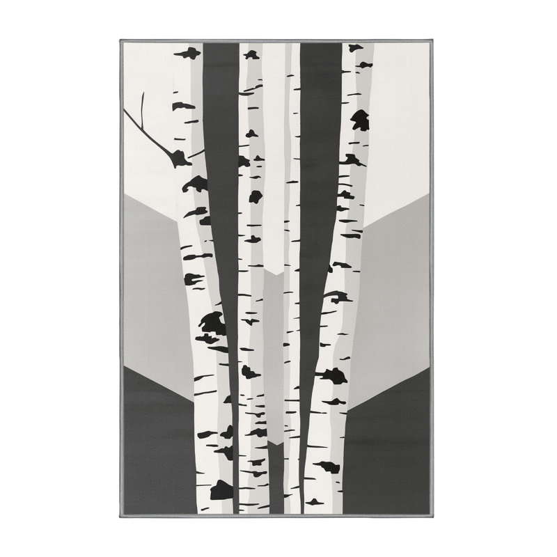 Machine Washable Oyan Birch Tree Scandinavian Striped Rug in Gray – Gray Binding, 7x9