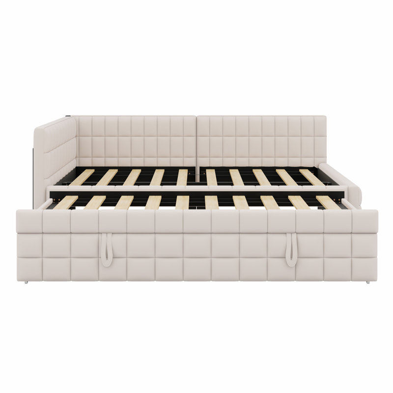 L-Shaped Upholstered Daybed With Pop Up Trundle And USB Ports, Beige