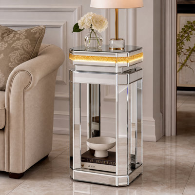 Table d'appoint moderne à miroir avec éclairage DEL, fini diamant concassé, piètement octogonal de 61 cm de haut, idéale pour le salon, la chambre et le bureau, couleur argent.