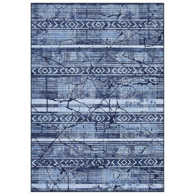  Living Room Rug 10x13 Washable Geometric Area Rug Non-Slip Backing Modern Marble Accent Carpet Blue