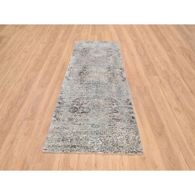 4'0" x 10'0" New Hand Knotted Grey Wool & Silk Runner Oriental Rug - MOA10264451