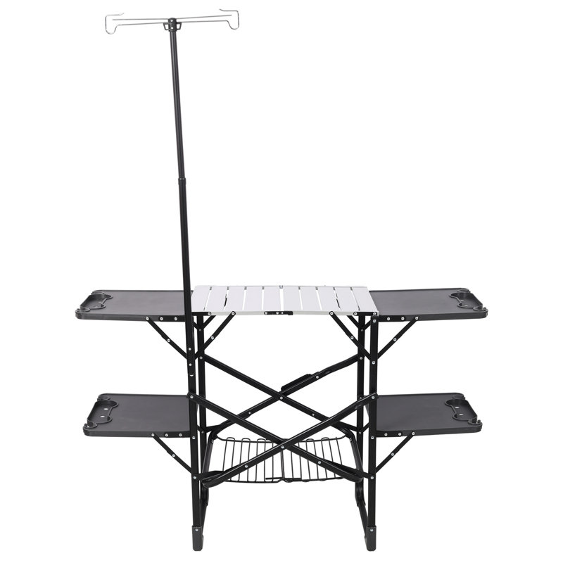 Folding Camping Kitchen Table - Portable Outdoor Cooking Station with Heat Resistant Top, 4 Side Tables, Storage Rack & Lamp Post for Picnics & Camping Trips
