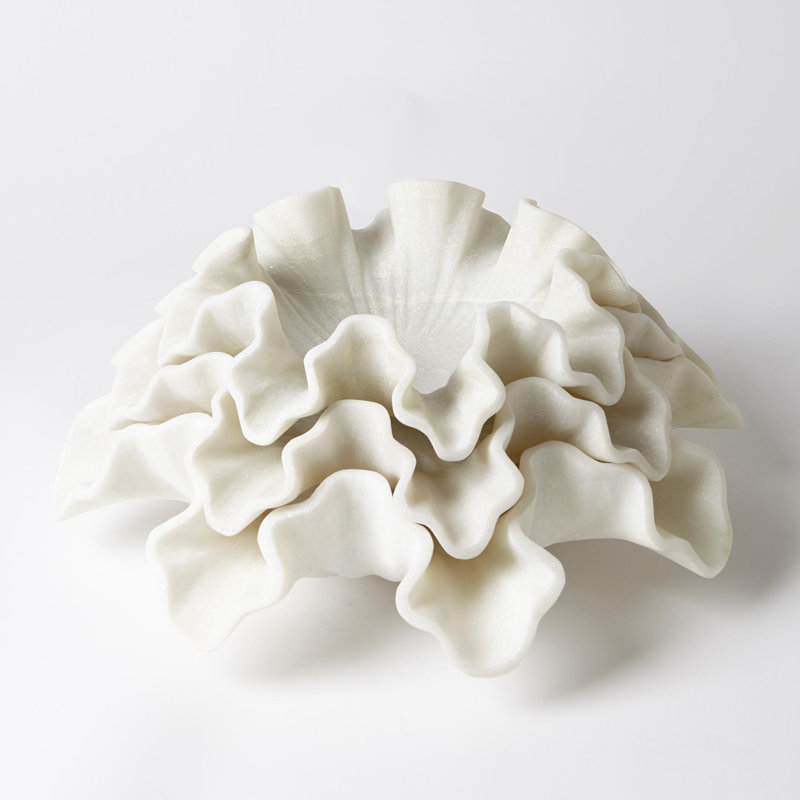 Marble Ruffle Bowl-White, 4" H x 12" W x 12" D