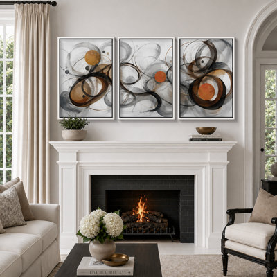 Œuvre abstraite en mouvement circulaire, aux tons de noir, gris, brun et orange brûlé, idéale pour le salon. Impression giclée sur toile encadrée, 3 pièces - 61 x 91 cm (24 x 36 pouces).