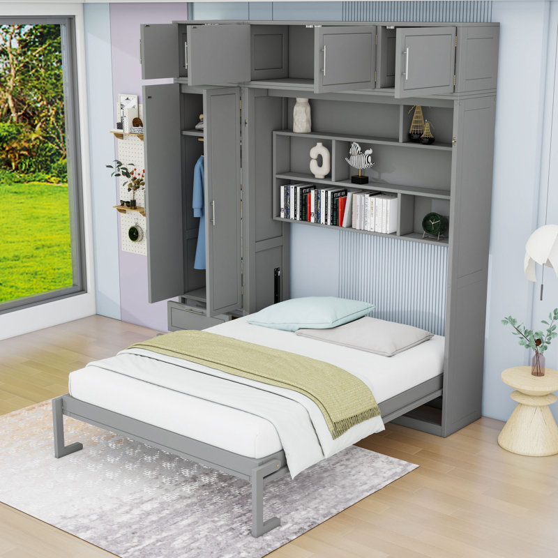 Lit escamotable avec armoire, tablettes et garde-robe Murphy, gris