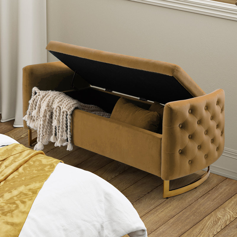 Aristides Upholstered Flip Top Storage Bench with Two Pillows, Golden