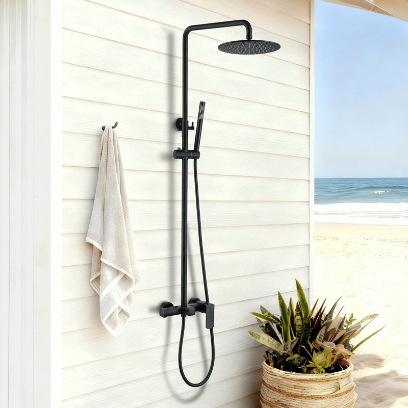 47"H Solid Brass Wall Mounted 3-Functions Exposed Complete Shower System with Slide Bar with Tub Spout, Matte Black