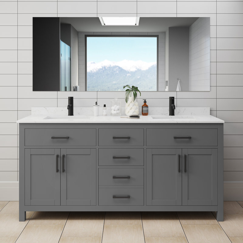 Beckett 72" Freestanding Double Bathroom Vanity with Cultured Marble Top, Dark Gray, Carrara Cultured Marble, Matte Black