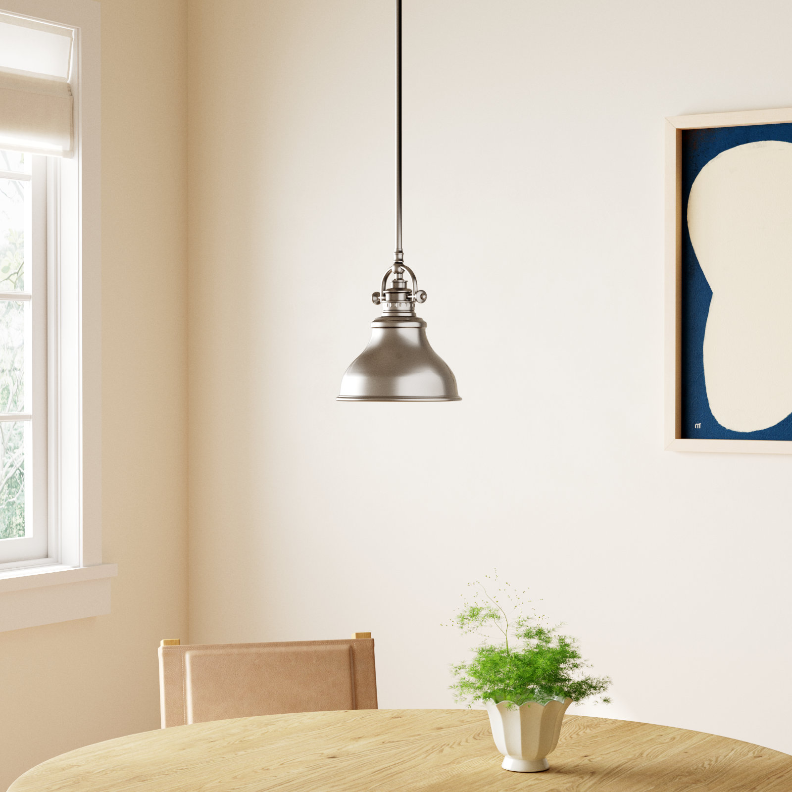Single Light Metal Dimmable Pendant, Brushed Nickel, 9" H x 8" W x 8" D