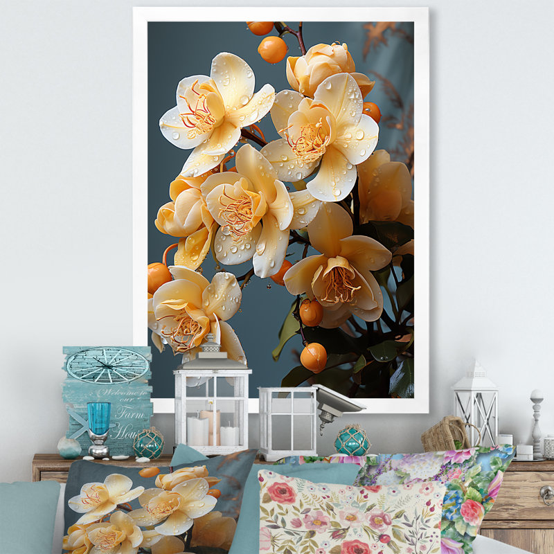 Or doré - orchidées murales, salon, Cadre simple blanc, H 32 po x l 24 po x P 1 po