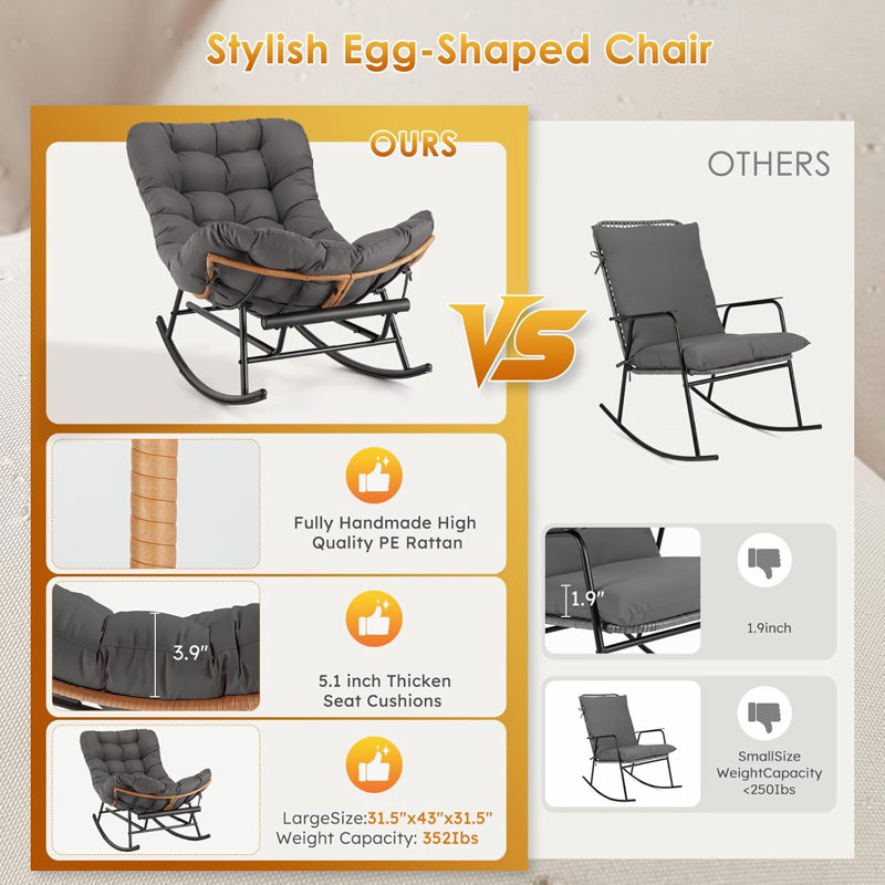 Chaise berçante Papasan avec repose-pieds, chaise longue en rotin avec coussin, Gris