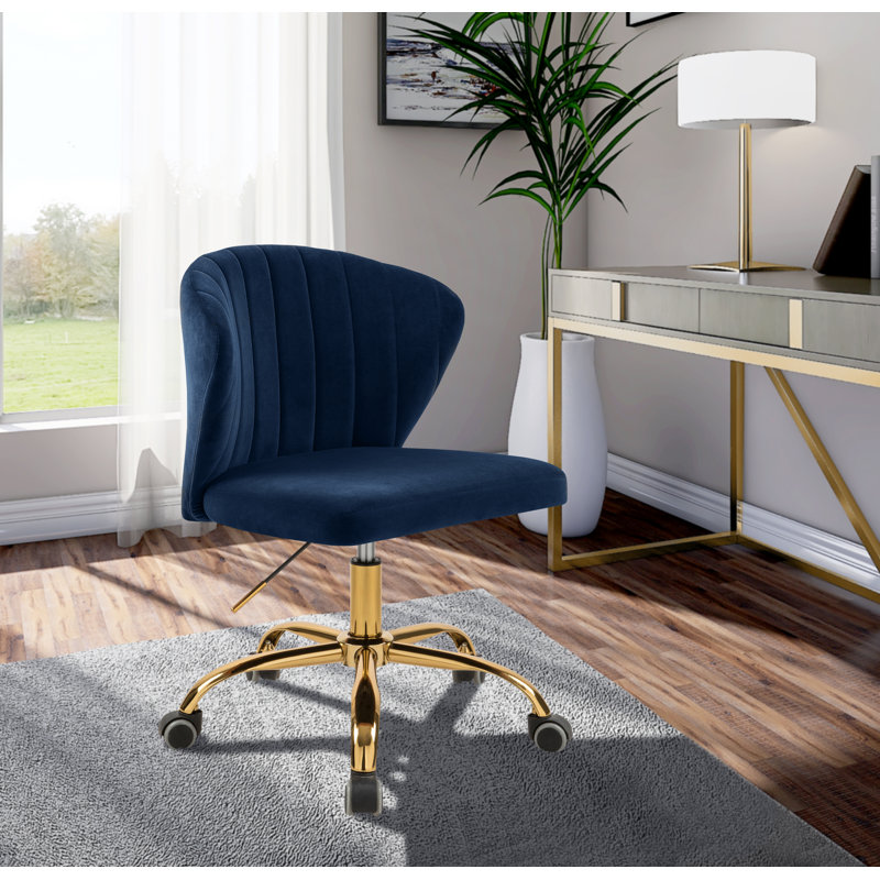 Chaise de bureau Finley, Velours bleu marine, Doré