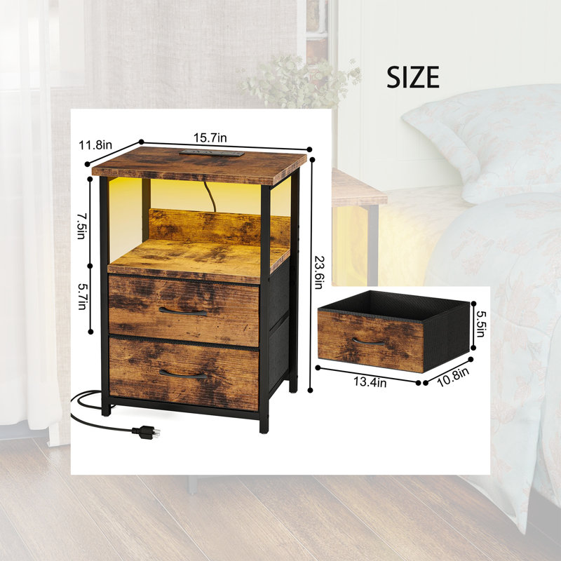  24" H Nightstand with Charging Station and LED Lights, 3-Drawer End Table with USB Ports, Brown/Black