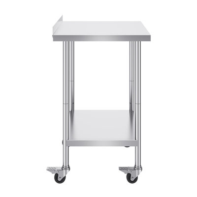 SUS201 Stainless Steel Work Table 24 x 30 Inch 1 Piece Silver with 4 Swivel Casters with Backsplash