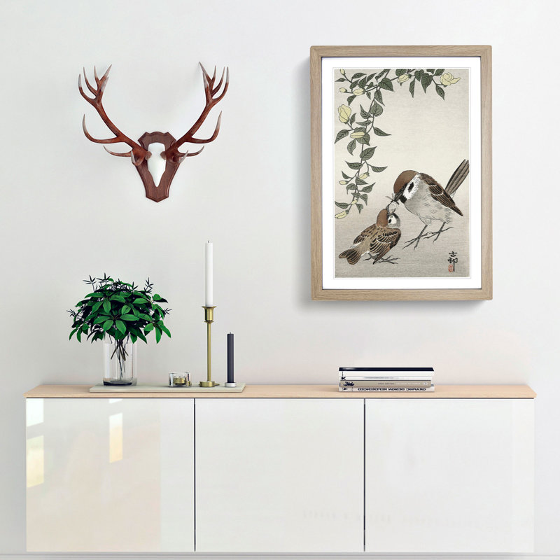 Sparrow Birds and Plants by Ohara Koson - Framed Print, 48cm H x 36cm W x 2cm D, Oak Framed