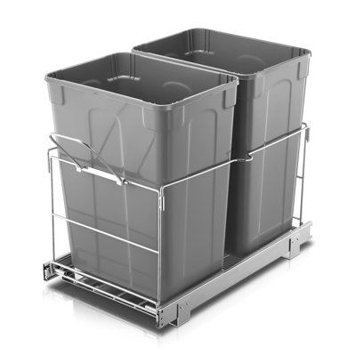 Pull Out Trash Can Under Cabinet, 35 Qt Double Under Sink Garbage Bin With Handle, Heavy Duty Bottom Mount Recycling Waste Container With Chrome Wire Frame & Smooth Sliding Tracks, 2 X 35 Quart