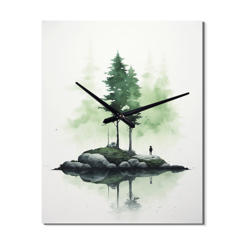 Pine Tree Island, aquarelle minimaliste vert tendre - paysage abstrait horloges murales, Grand