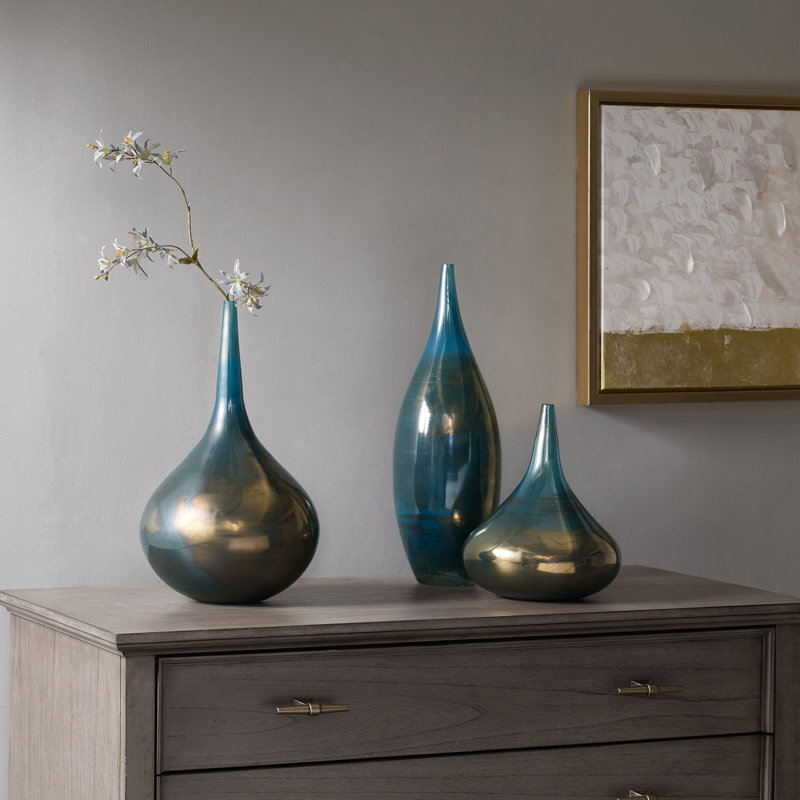 Ensemble de 3 vases en verre bleu Aurora avec finition brillante sarcelle et bronze métallique
