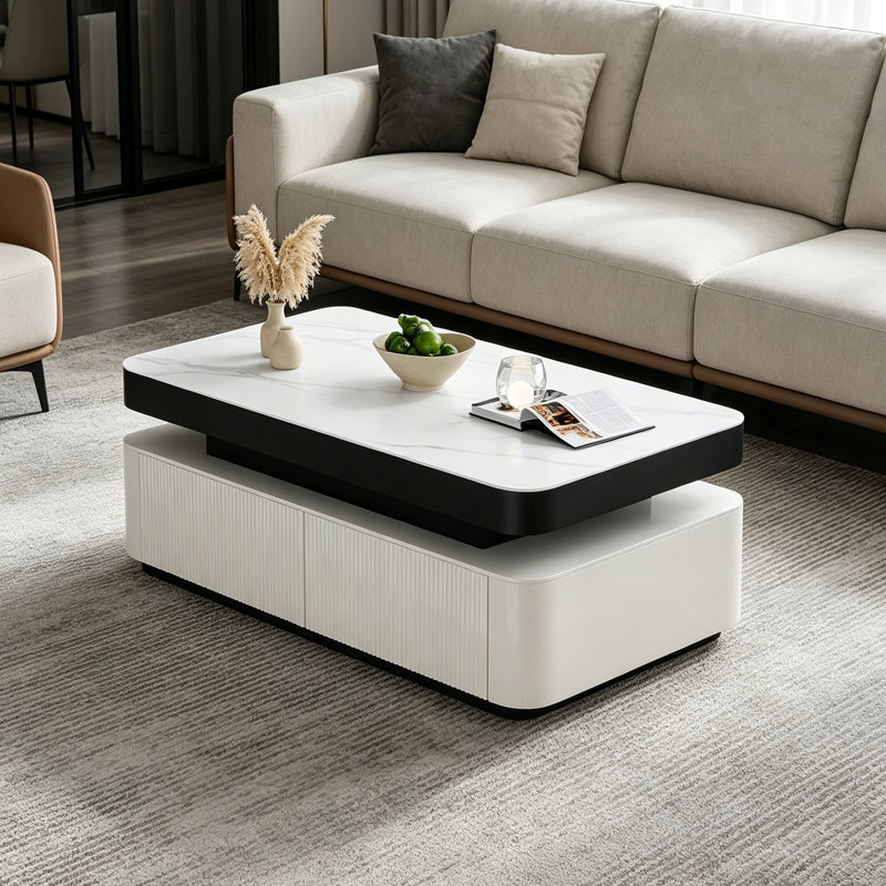 Table basse haut de gamme avec rangement en ardoise, H 15,74 po x L 43,3 po x l 23,62 po, Blanc / gris pâle / noir