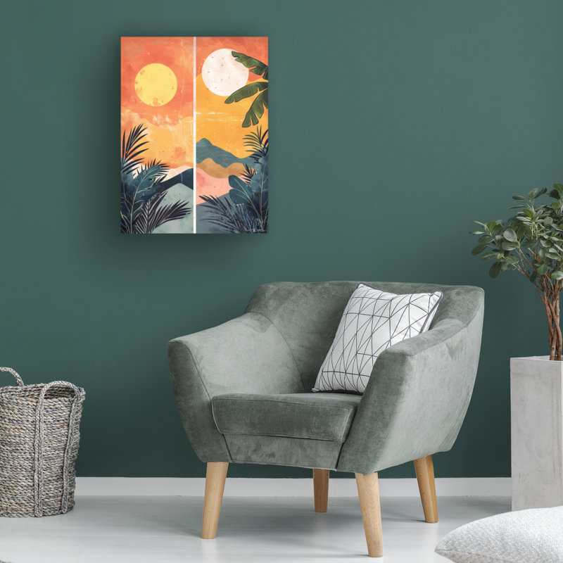 Œuvre bolognaise originale sur fond de lune, soleil, H 14 po x l 19 po