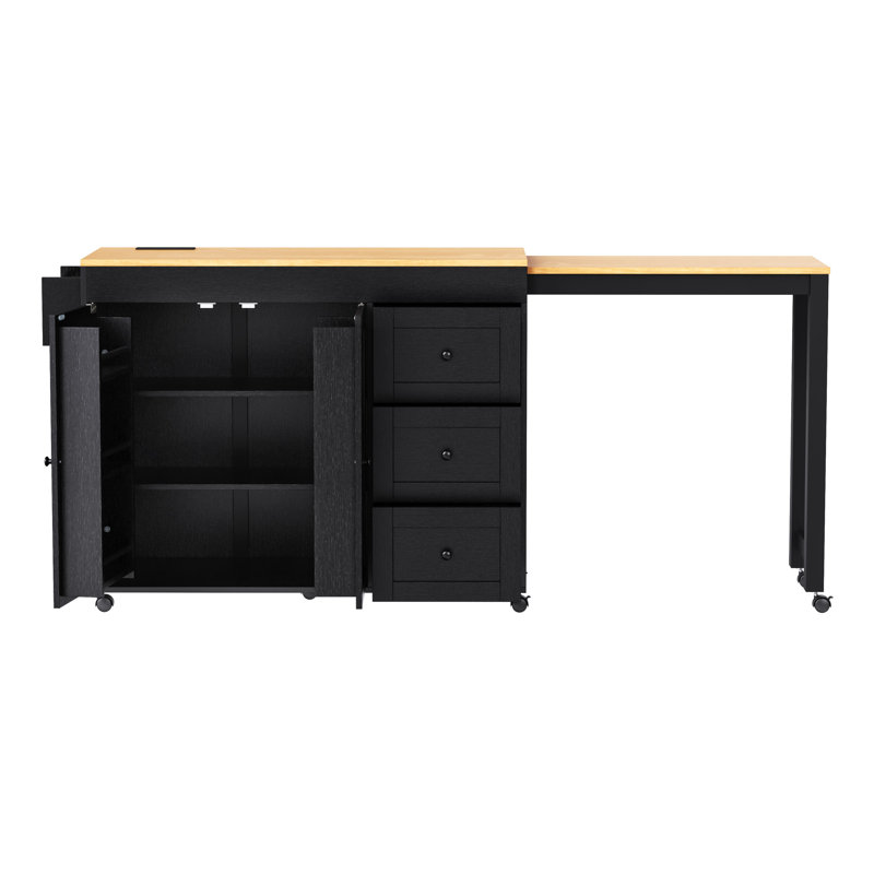 Îlot de cuisine avec table de salle à manger extensible pour les réunions de famille, 3 tiroirs, prise de courant intégrée à ports multiples, support à épices latéral, 2 portes de grange, 7 roues universelles verrouillables