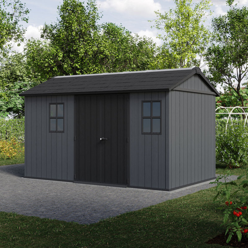Graphite grey outdoor storage shed with double doors and two square windows.