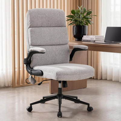 Chaise de bureau ergonomique, chaises de bureau de direction à haut dossier avec support lombaire réglable, chaise d'ordinateur en tissu de lin avec accoudoirs rabattables et roues pivotantes pour le bureau (gris)