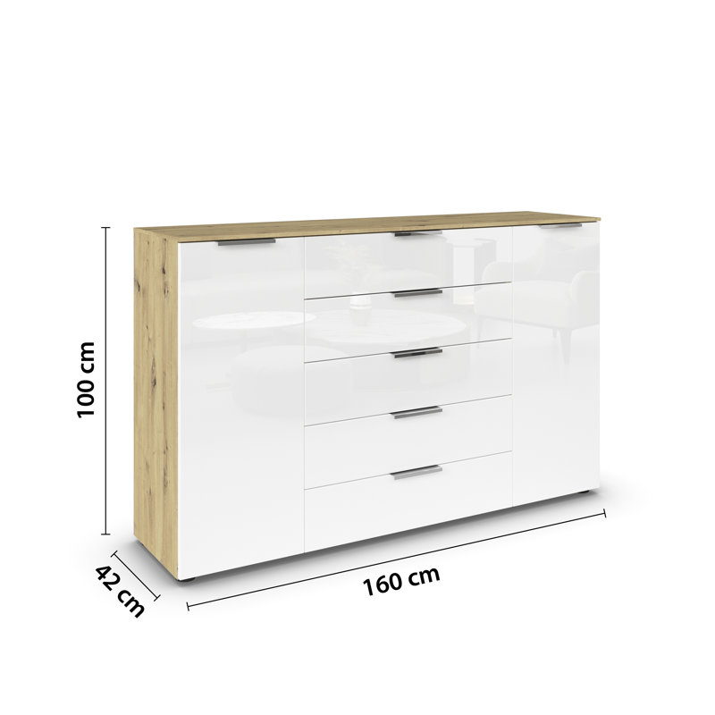Flipp 5 - Drawer Chest of Drawers, Artisan Oak/White Glass/Chrome