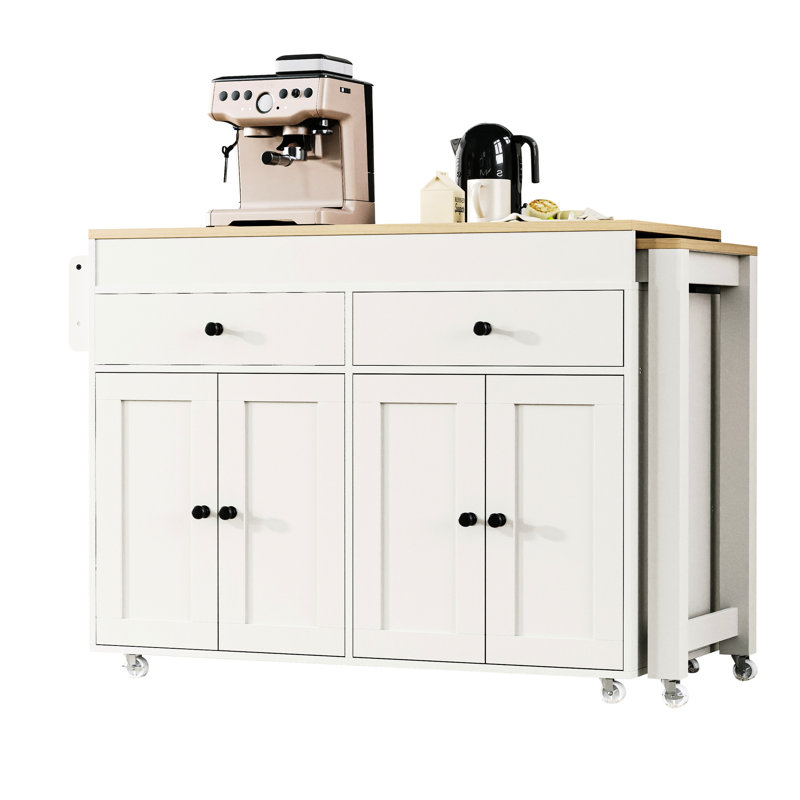 Kitchen Island With 27" Extendable Dining Table, 4 Door Cabinet, 2 Drawers, 7 Lockable Wheels And White Doors, Removable Universal Spice Rack,