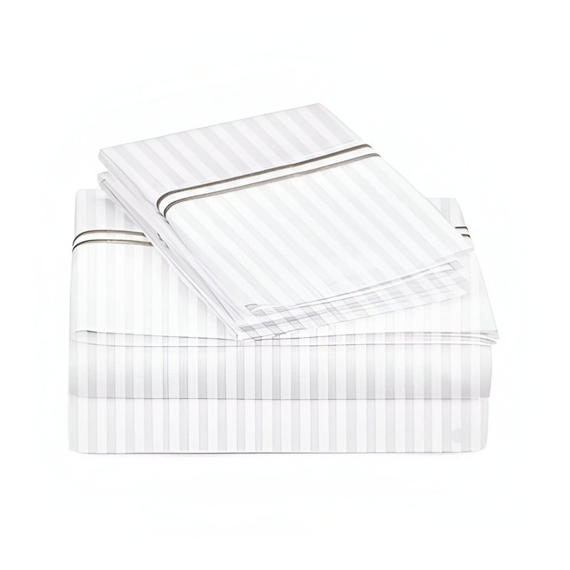 400TC Double Embroidery Sateen Stripe Cotton 4 Piece Sheet Set Fitted Sheet Fits Upto 16" Deep Pocket, Light Gray/White