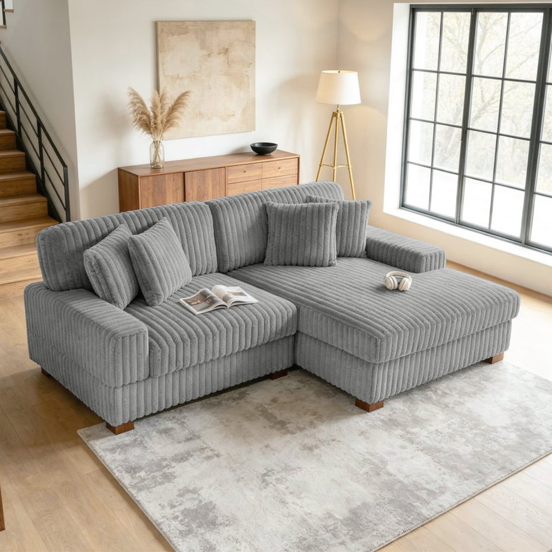 Stephania 2 - Piece Upholstered Light Gray Faux Rabbit Fur Flannel Modular Sectional Sofa with Armrests & Throw Pillows