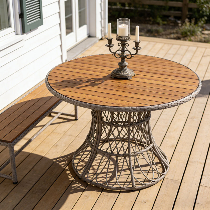 Table de salle à manger d'extérieur durable - plateau rond en bois d'acacia et base en osier, Brun