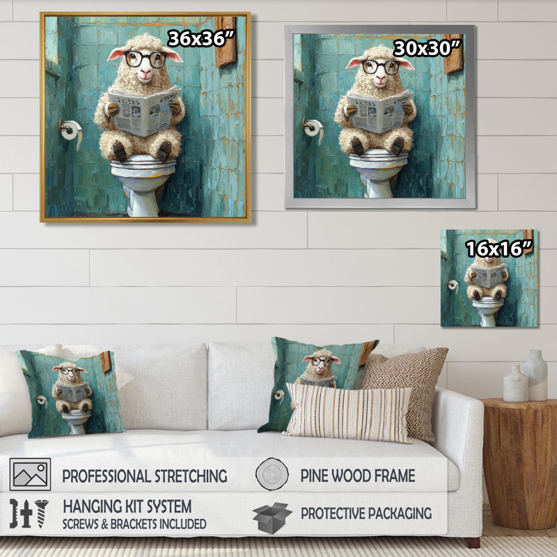 Kethia, mignon mouton lisant un journal dans la salle de bain II - mouton, art mural, H 30 po x l 30 po, Argent argent