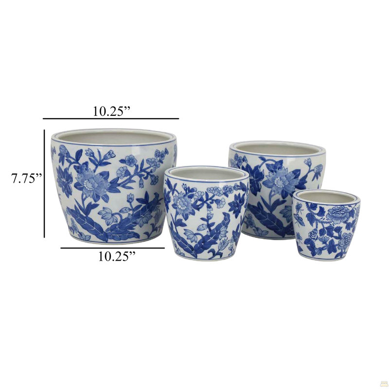 Ensemble de 4 pots à fleurs Kerry, poterie florale bleue, céramique blanche