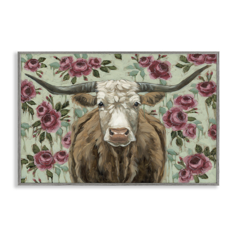 «Longhorn with Magenta Blooms», estampe numérique, design par Sara G. Designs, H 16 po x l 24 po, Estampe numérique Farmhouse