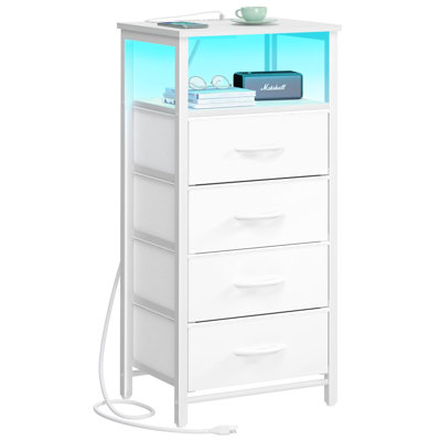 Night Stand, LED Nightstand with Charging Station, Bedside Table with 4 Storage Drawers and Storage Shelf, End Table with USB Ports and Outlets, Tall Dresser, (White)