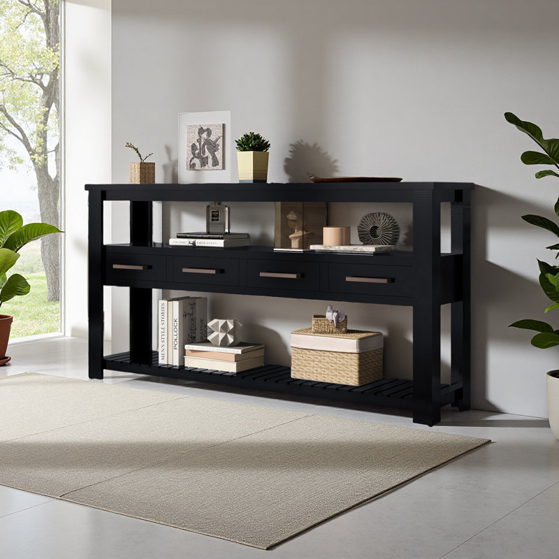 62.2''Large Entryway Table With 4 Drawers,Painted Console Table With 3-Tier Open Shelves And Metal Handles, Black