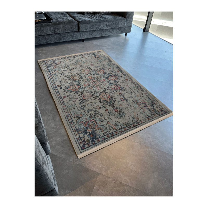 Tapis décoratif lavable à la machine à motif floral traditionnel beige multicolore, Rectangle 2 pi 4 po x 3 pi 11 po