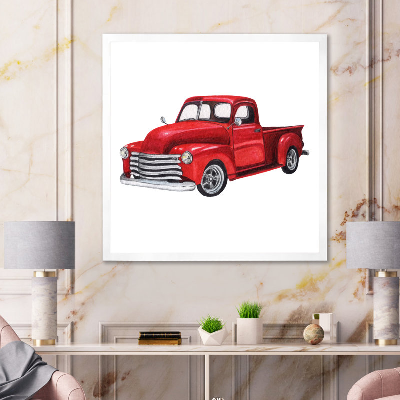 Camionnette rouge rétro - peinture sur toile, H 36 po x l 36 po x P 1,5 po, Toile avec cadre blanc
