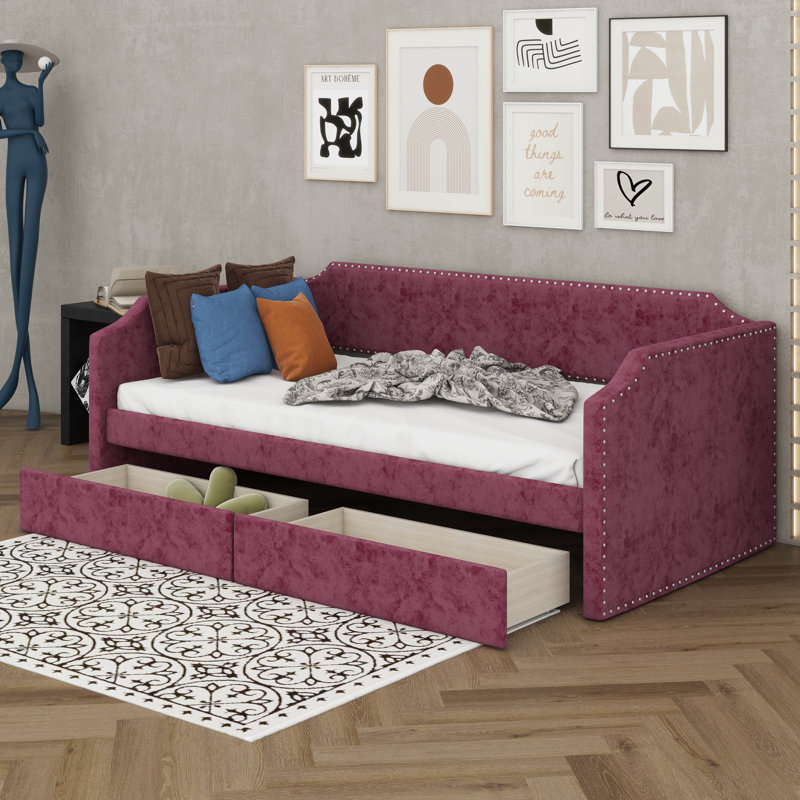 Lit de jour avec 2 tiroirs, lit tapissier en velours, canapé-lit tapissier pour chambre d'amis, Wine Red