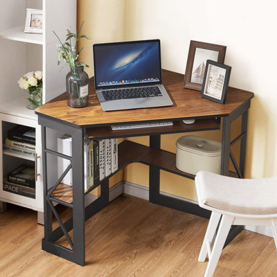 Lambrecht Corner Computer Desk with Smooth Keyboard and Storage Shelves, Farmhouse Triangle Computer Desk for Home Office, Living Room, Bedroom and Small Spaces