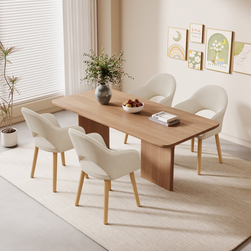 49.5cm H Luxury Fabric Upholstered Dining Chair with Wooden Legs, 4, Beige Velvet/Natural