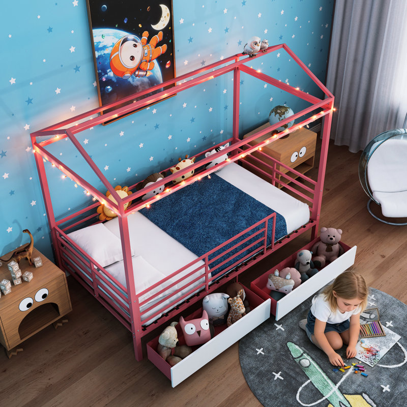 Lit pour maison rose, lit superposé simple avec toit et garde-corps, chambre à coucher avec cadre en métal, lit à hauteur basse, aucun sommier tapissier requis
