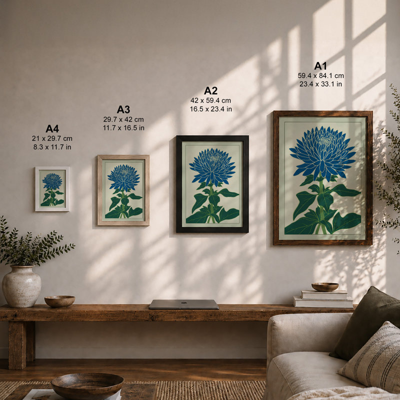 Blue Study Botanical - Framed Print, A2 - 59.4 x 42.0 cm, Walnut