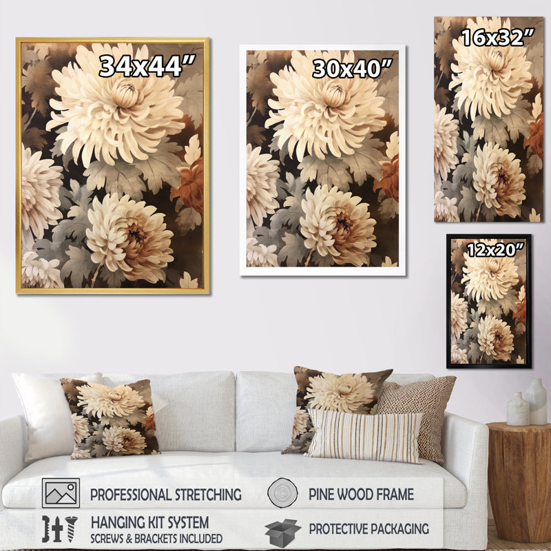 «Vintage Chrysanthemums Symphony I», art mural sur toile, H 32 po x l 16 po x P 1 po, Cadre doré simple