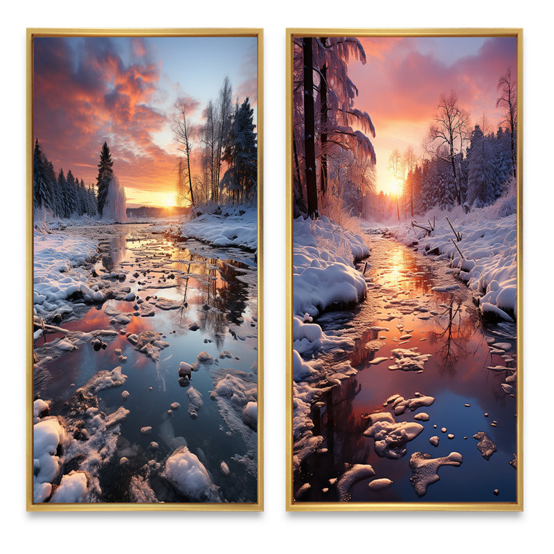 «Winter Sunset Snowfall», 2 pièces sur toile, H 40 po x l 40 po, Encadrement doré