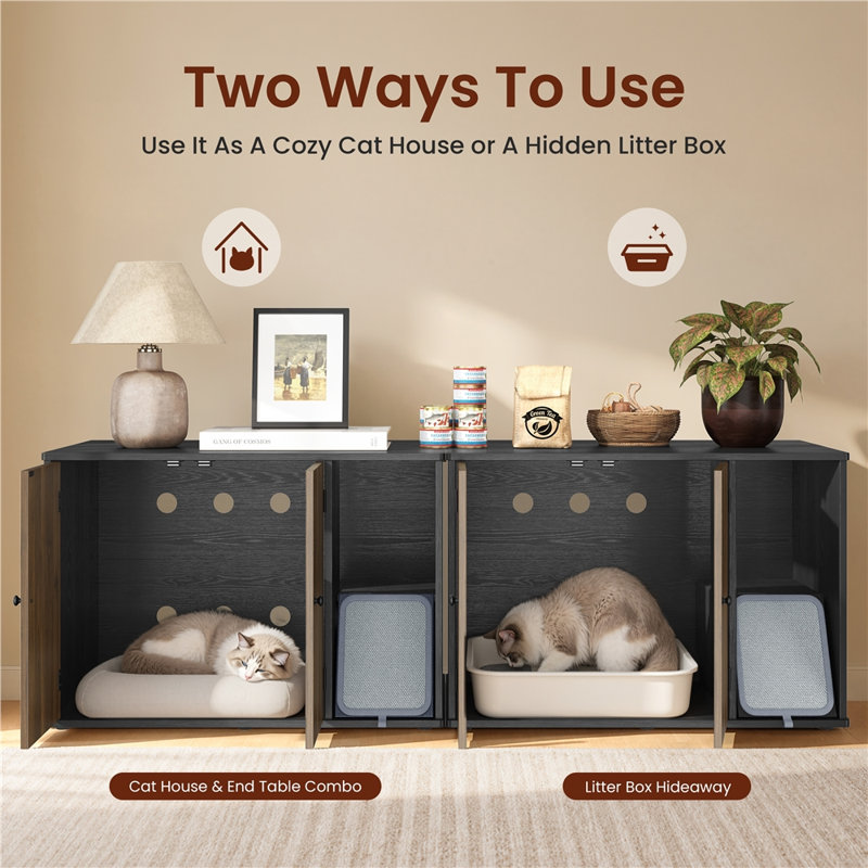 Cat Litter Cabinet and End Table Combo with Scratching Pad for Large Cats, Black/Walnut