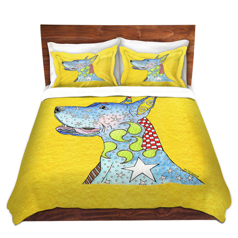 Ensemble de housse de couette great-danois, 1 housse de couette grand + 2 taies standards, Bleu / Jaune