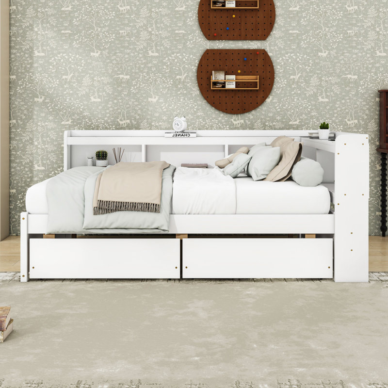 Lit de jour en bois double avec tablettes en L, chargeurs USB et tiroirs de rangement, Blanc