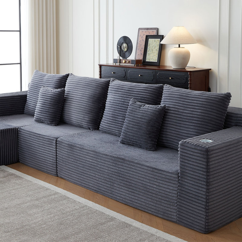 Canapé modulaire profond en velours côtelé avec porte-gobelets, aucun assemblage requis, Gris